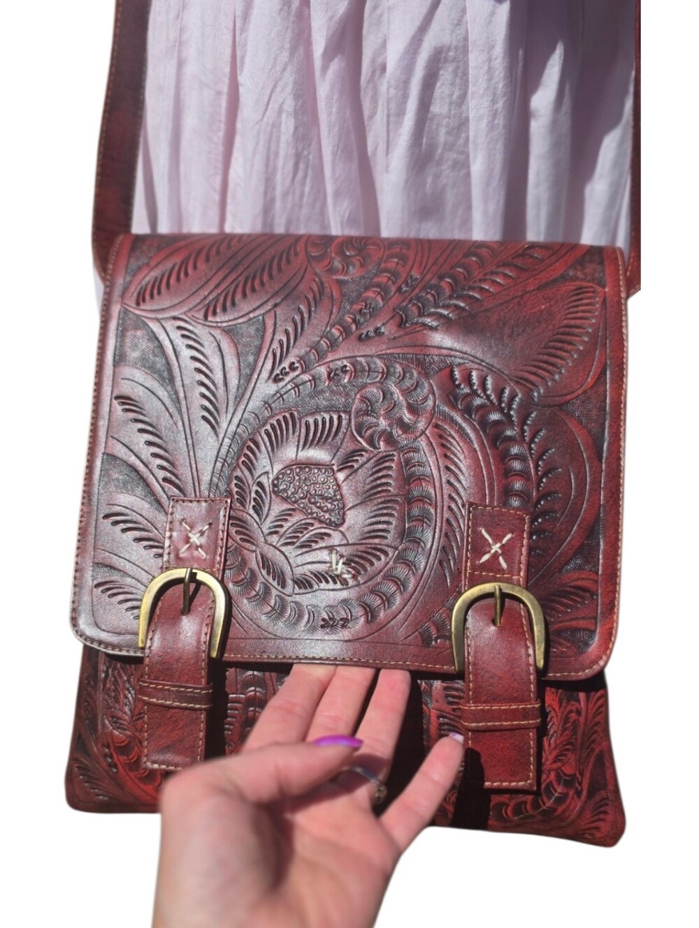 Vintage JL Saldivar Hand Tooled Red Leather Crossbody Messenger Bag Paraguay - Picture 8 of 15
